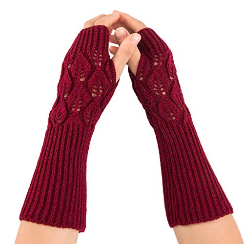 Women's Cable Knit Arm Warmers Fingerless Gloves Thumb Hole Gloves Mittens (Wine Red)