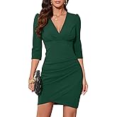 IHOT Women's 2026 Sexy V Neck 3/4 Sleeve Faux Wrap Ruched Sheath Bodycon Casual Party Cocktail Work Dress