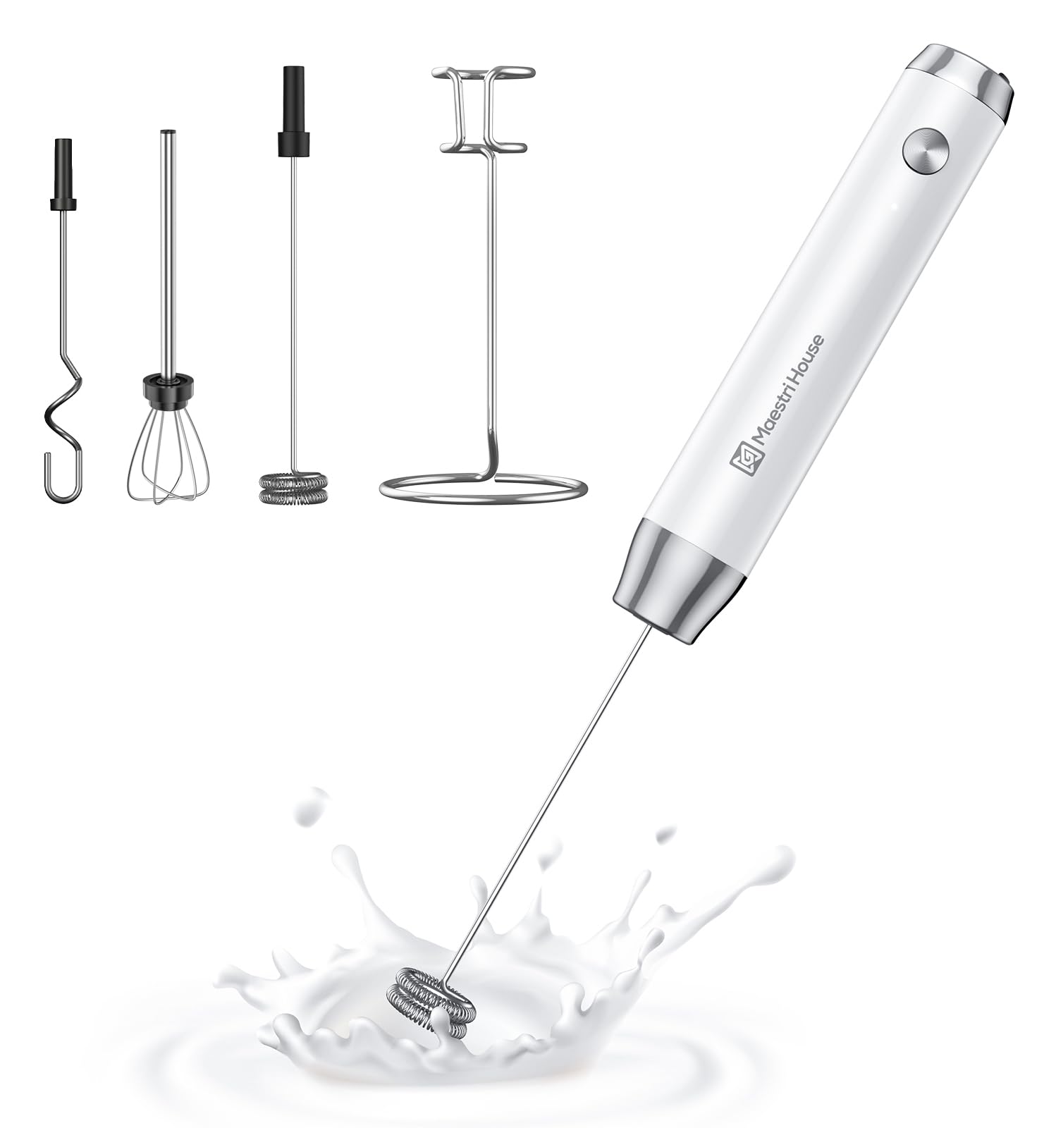 Photo 1 of Maestri House Rechargeable Milk Frother with 3 Heads, Handheld Electric Foam Maker Waterproof Detachable Stainless Steel Whisk Drink Mixer Foamer with Stand for Lattes, Cappuccino, Egg (White)