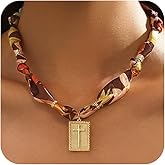 Nogesida Love Gift Western Cowgirl Scarf Charm Necklace, Dainty Statement 14K Gold Plated Boho Bandana Necklace Heart/Cross Pendant Adjustable Choker Jewelry