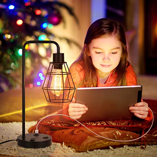 USB Edison Desk Lamp, Industrial Bedside Table Lamps Set of 2 Reading