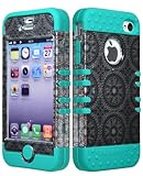 Bastex Hybrid Tuff Case for Apple iPhone 4, 4s- Teal Blue Silicone with Silver Circle Design Shell