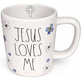 Rae Dunn by Magenta Ceramic Coffee Tea Mug, Blue Floral, Jesus Loves Me