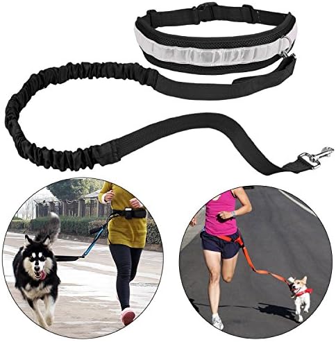 Running Walking Hands Free Dog Leash with Pouch/Waist Bags Reflective Strip Dog Jogging Walking Lead (Black)