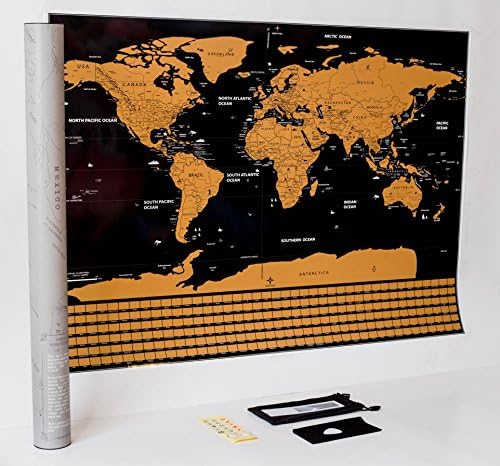 Scratch off World Map Poster: Premium 33x23, all US states tracked, country flags. For travellers, great gift. 5 free accessories: memory stickers, scratcher, magnifying glass, bag, cleaning cloth