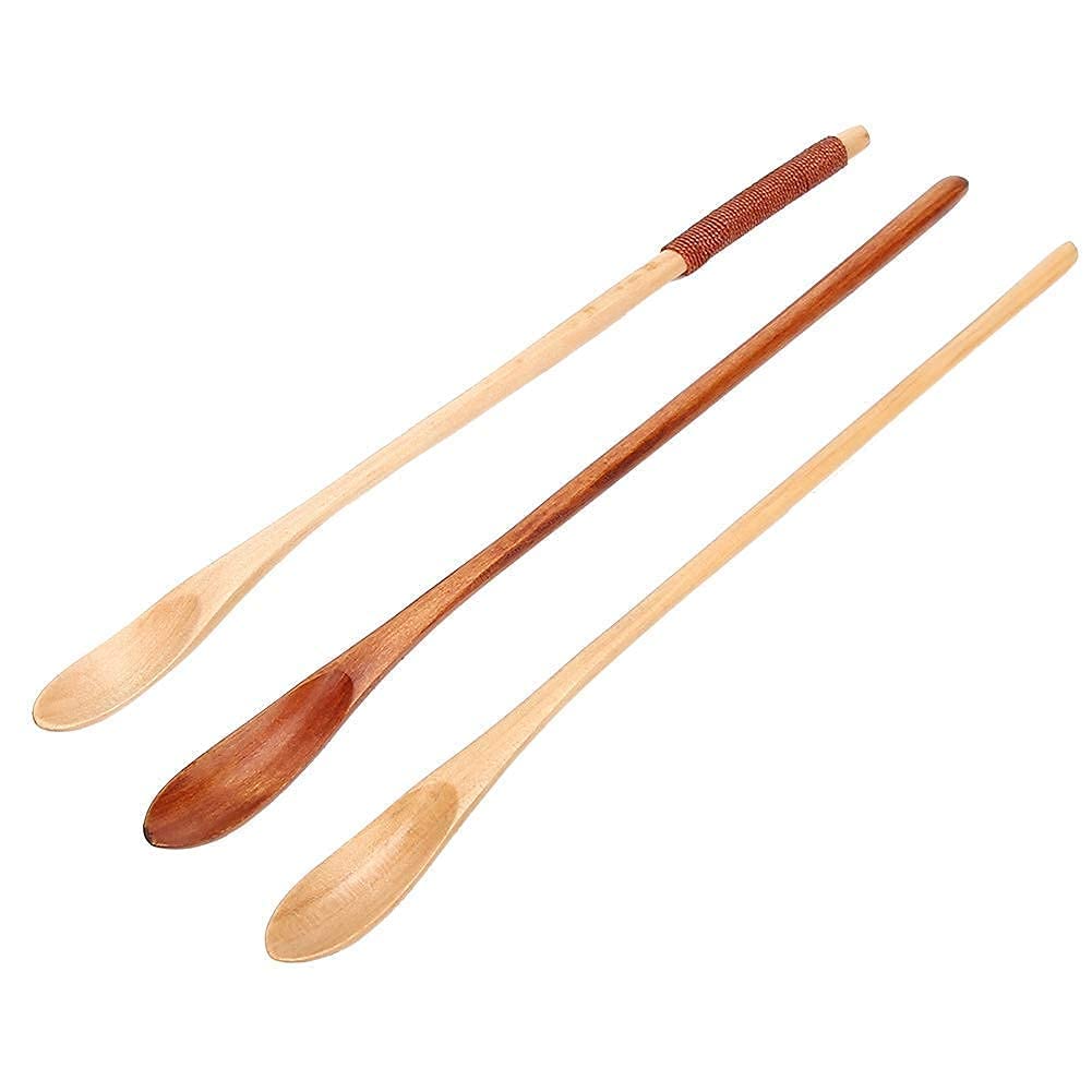 3Pcs Wooden Mixing Spoon, Wooden Coffee Spoon Teaspoons Japanese Style Stirring Spoons Long Handle Spoon Handmade Wood Iced Tea Spoons, 7.9inch