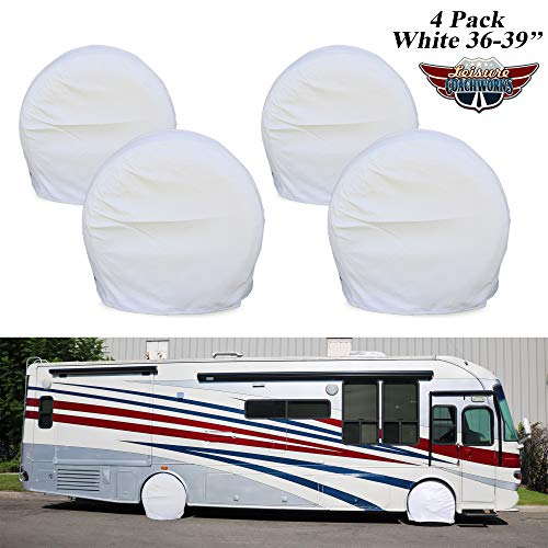 Leisure Coachworks Tire Covers for RV Wheel Set of 4 Motorhome Wheel Covers Waterproof White Vinyl Tire Protectors/Tire Covers Fits 36" to 39" Tire Diameters
