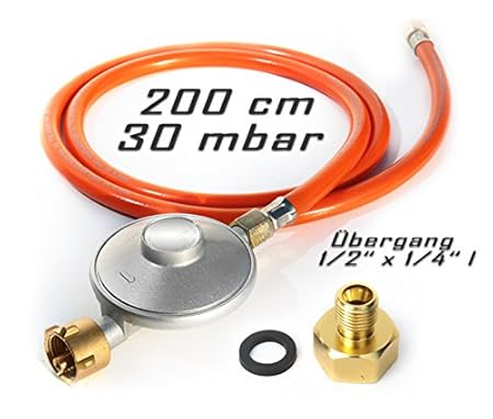 Anschluss-Set bestehend aus Druckminderer 30 mbar Gasschlauch 200 cm + Übergang 1/2' x 1/4' / Gas Regler (für z.B. Gaskocher,