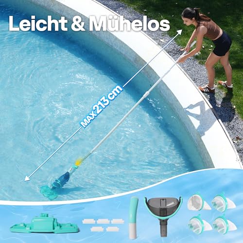 VIVOHOME 213 cm Wireless Pool Vacuum Cleaner Extraction up to 70 LPM Portable Pool Cleaner with 4 Filter Bags for Pool Hot Tubs Swimming Pool and Spa