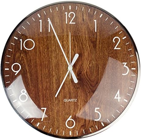 Lucky7 13" Round Wall Clock Brown Grain 3D Glass Lens Non-ticking Silent Simple Modern