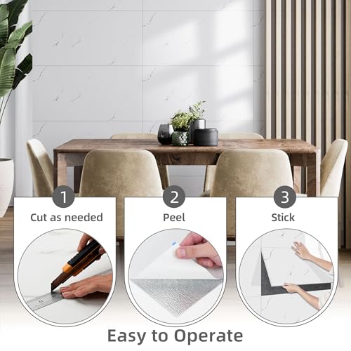 Vieshful 10 Adhesive Tiles 30 x 60 cm, Imitation Marble, Waterproof Adhesive Tiles for Kitchen, Bathroom, Living Room or TV Walls, White (Not Real Tiles)