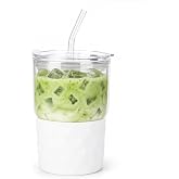 16oz Coffee Tumbler, Reusable Borosilicate Glass Cups with Lids and Straws | Leakproof Thick Water Glasses with Non-Slip Sleeve | Travel Mugs for Water, Matcha, Smoothie, Juice | 1 Pack- White