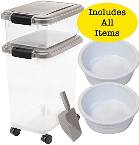 IRIS 3- Piece Airtight Pet Food Storage Container Combo, Sage and Pureness Heavyweight Large Crock Pet Dish, 52-Ounce, Colors May Vary [2-Pack]