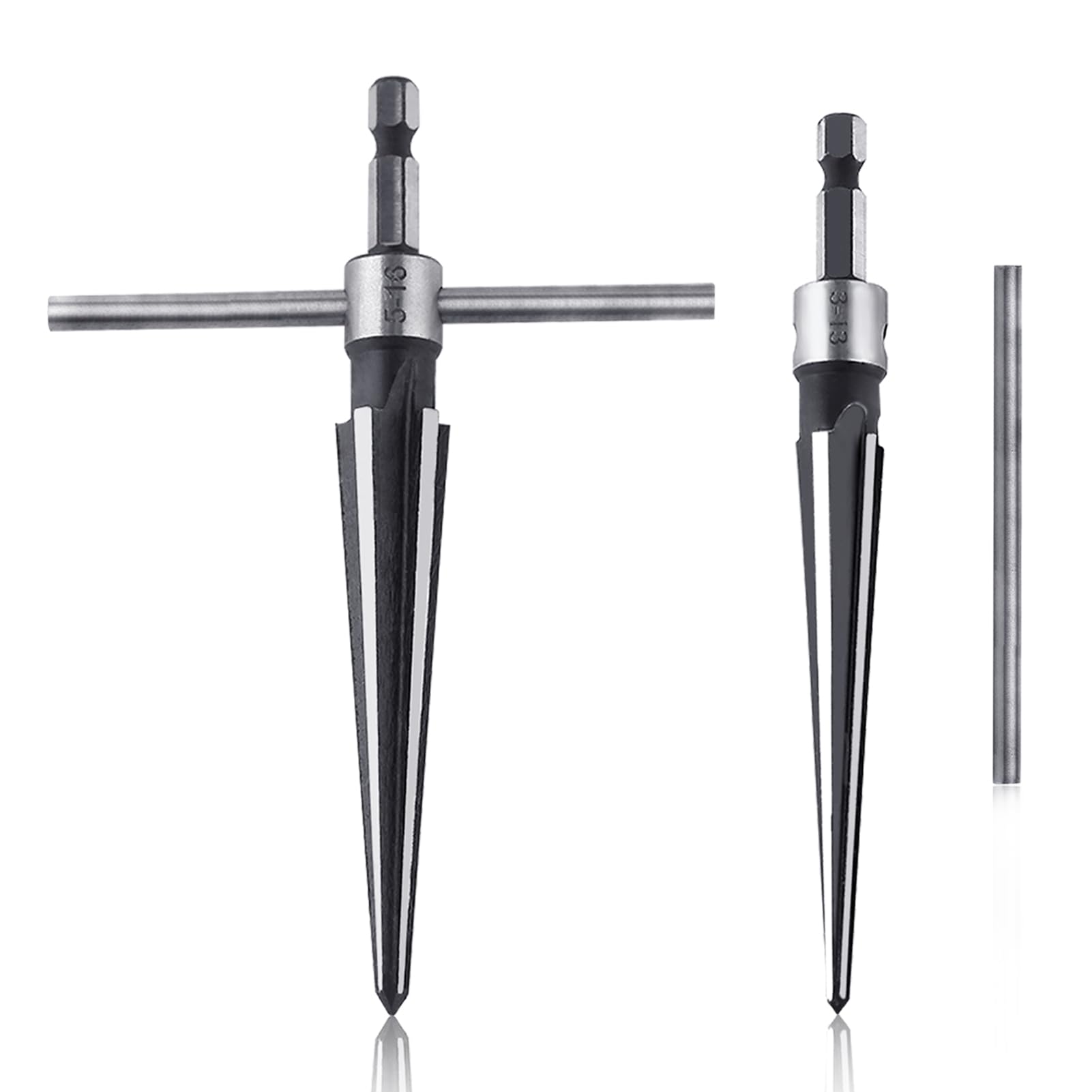 LEONTOOL 2 Pcs Tapered Reamer Set, T Handle Taper Reamer Set, Straight Fluted Pipe Reamer Tool, Guitar Reamer, Chamfer Reaming Tool Deburring Tools for Metal, Wood, Plastic (3-16mm Dia. Holes)