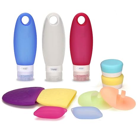 PhantomSky 11 Stück Niedlich Silikon Reisen Flaschen Set & Kulturbeutel, Nachfüllbar Squeezable Auslaufsicher Behälter für Ko