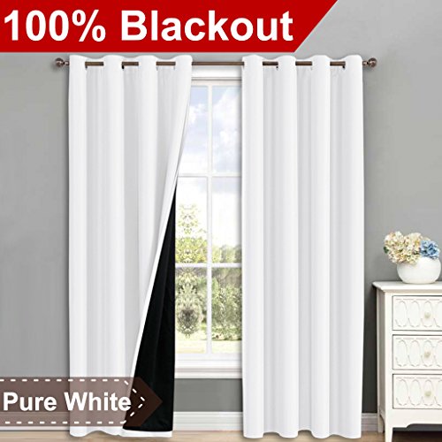 NICETOWN 100% Blackout Window Curtain Panels, Heat and Full Light Blocking Drapes with Black Liner for Nursery, 84…