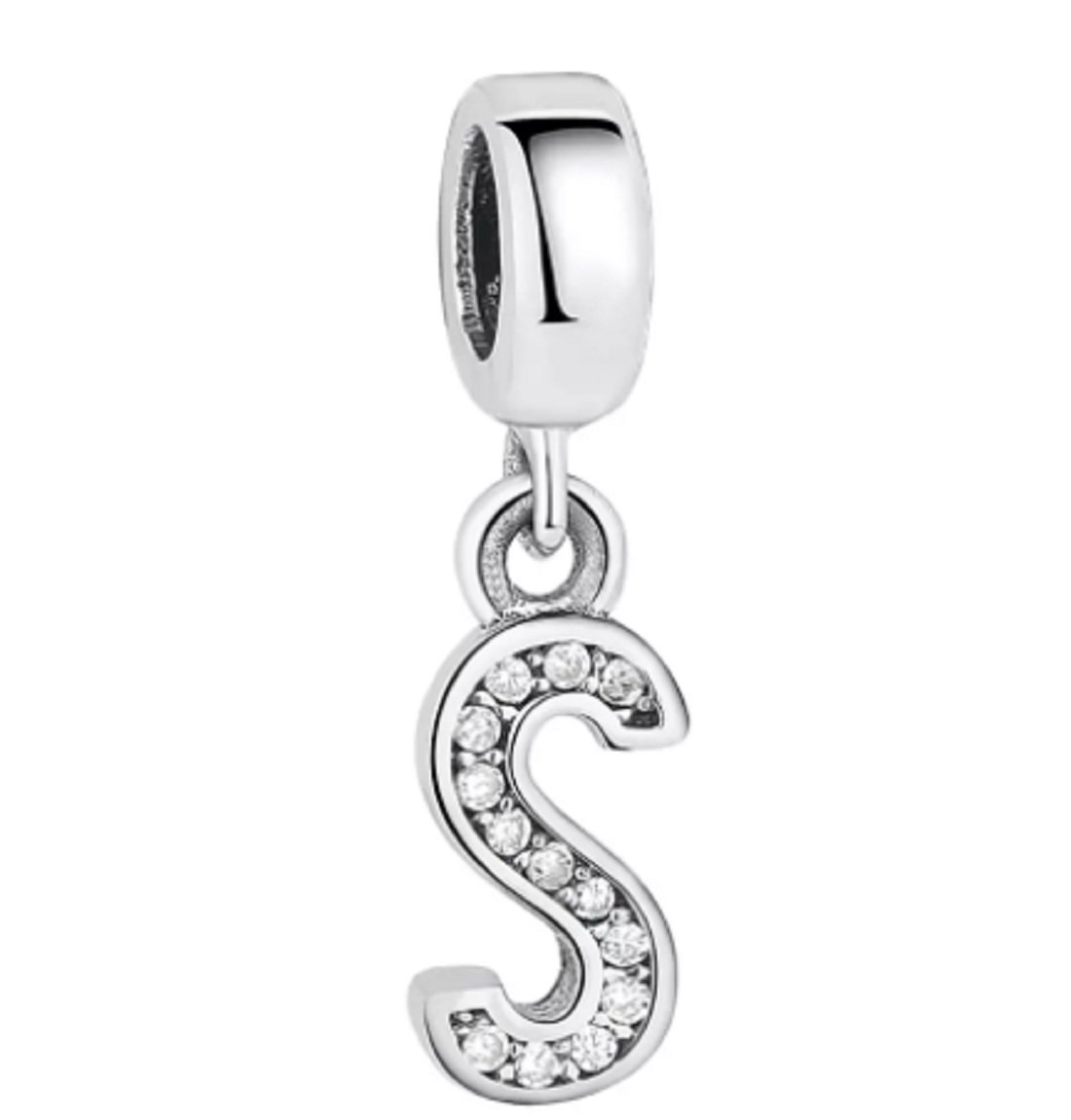 FeatherWish Sterling Silver 925 Letter S Charm With Cubic Zirconia Fits Pandora Bracelet (Letter S)