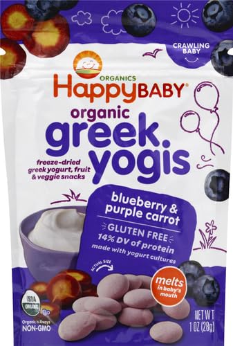 HAPPY BABY ORGANICS BABY SNACKS, GREEK YOGIS, FREEZE DRIED YOGURT &VEGGIE FRUIT SNACKS, GLUTEN FREE BABIES 9+ MONTHS, BLUEBERRY & PURPLE CARROT, 1 OUNCE