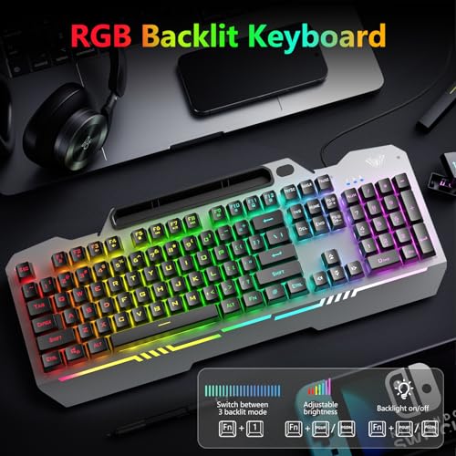 AULA Gaming Keyboard and Mouse, 104 Keys RGB Backlit Computer Keyboard with Numeric Keypad, All-Metal Panel Wired PC Keyboard for Laptop Win XP/7/8/10, T102