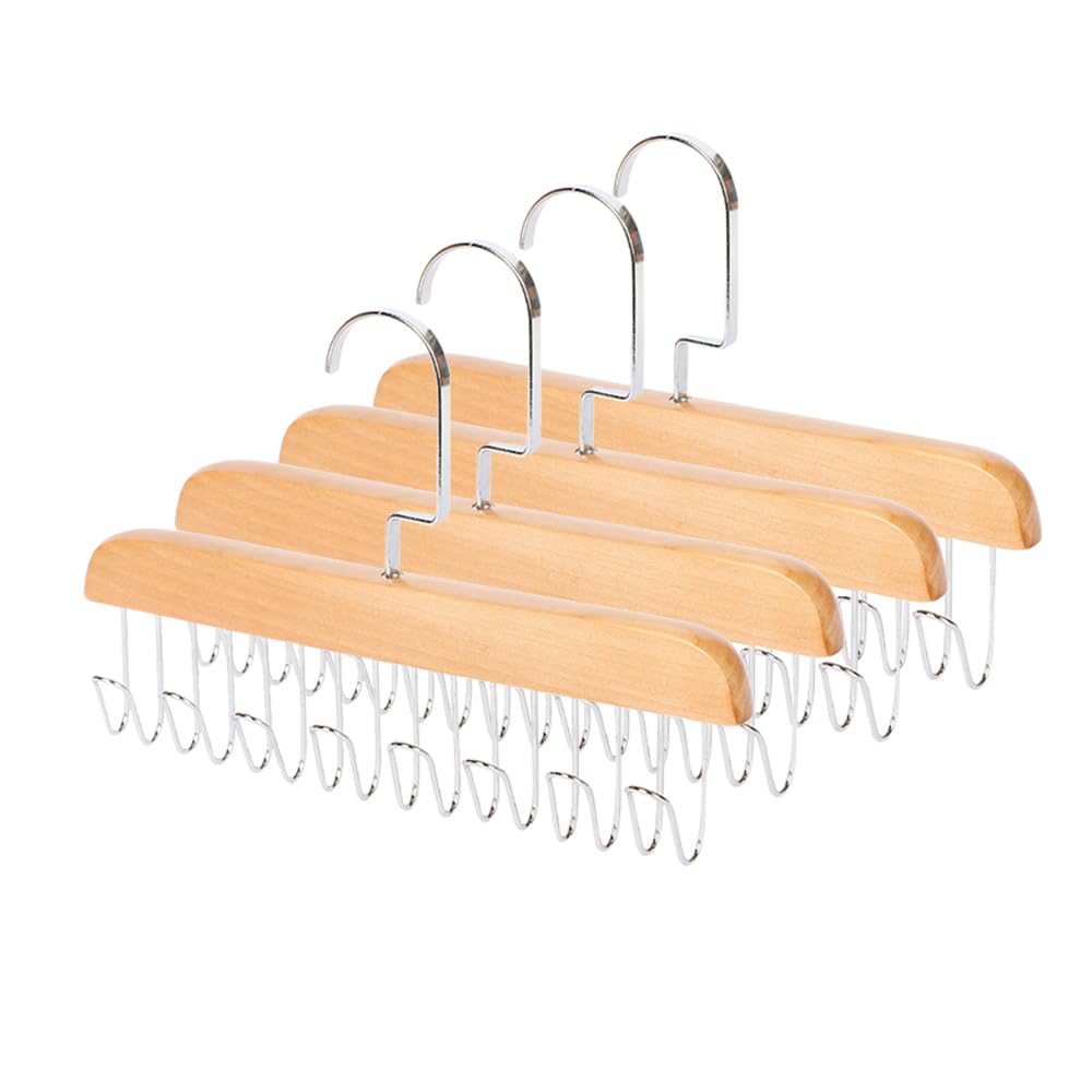 4 Pack Wooden Belt Hanger for Closet, Anti Slip Multi Hook Coat Rack Bra Hanger with 8 Hooks, Closet Accessories Organizer Hooks for Belts, Ties, Scarfs, Bras, Camisoles (Wood Color)