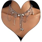 VIYPDRST Y2k Star Choker Necklace for Women,Chunky Silver Star Layered Choker Long Chain Heart Pear Tassel Necklace Trendy Statement Necklace Jewelry