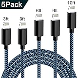 TNSO MFi Certified iPhone Charger Lightning Cable 5 Pack [3/3/6/6/10FT] Extra Long Nylon Braided USB Charging & Syncing Cord Compatible iPhone Xs/Max/XR/X/8/8Plus/7/7Plus/6S/6S Plus/SE/iPad/Nan More