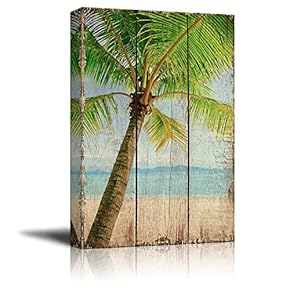 Palm Tree on an Island by The Shore Over Wooden Panels - Nature - Canvas Art Home Art - 12x18 inches