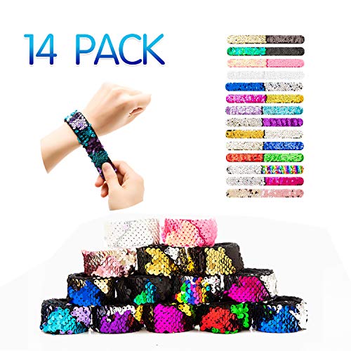 14 pcs Slap Bracelets Magic 2-Color Reversible Slap Waist for Kids Birthday Party Favors Gift Sequin Mermaid