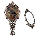 Ivenf Large Size Vintage Metal Oval Make-Up Hand/Table Mirror, Peacock On Rock In Bamboo Forest, Rose Copper