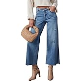 Allimy Women's High Waisted Straight Ankle Wide Leg Ripped Jeans Frayed Hem Stretchy Capri Denim Pants