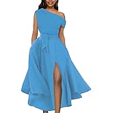 LILYIN Women's Elegant Off Shoulder Sleeveless Belted Side Slit Cocktail Swing Dress with Pockets