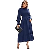 Ferrendo Women's 2026 Spring Fall Midi Dress Casual Long Sleeve Crew Neck Smocked Tiered Long Flowy Dresses with Pockets