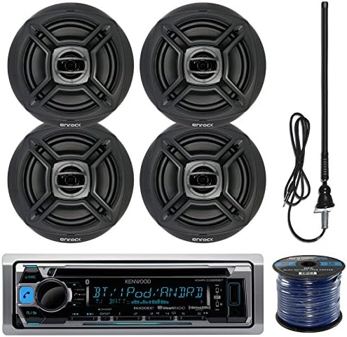 Kenwood Marine Boat Outdoor Bluetooth CD MP3 USB/AUX iPod iPhone Stereo Receiver 4x 6.5" Inch Dual Cone Enrock Marine Waterproof Speakers 50 ft Marine Speaker Wire, Antenna (Black)