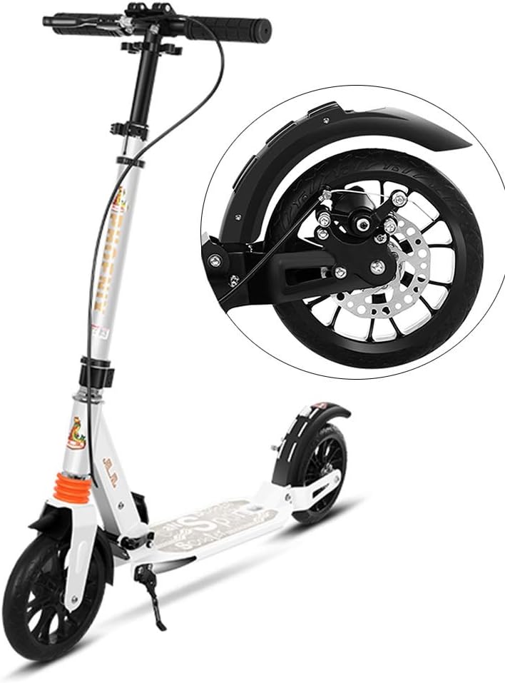 Adult Kick Scooter White Folding, Adjustable Commuter Scooter with 2 Large Wheel, Disc Brakes, Dual Suspension, 220 Lbs Weight Capacity