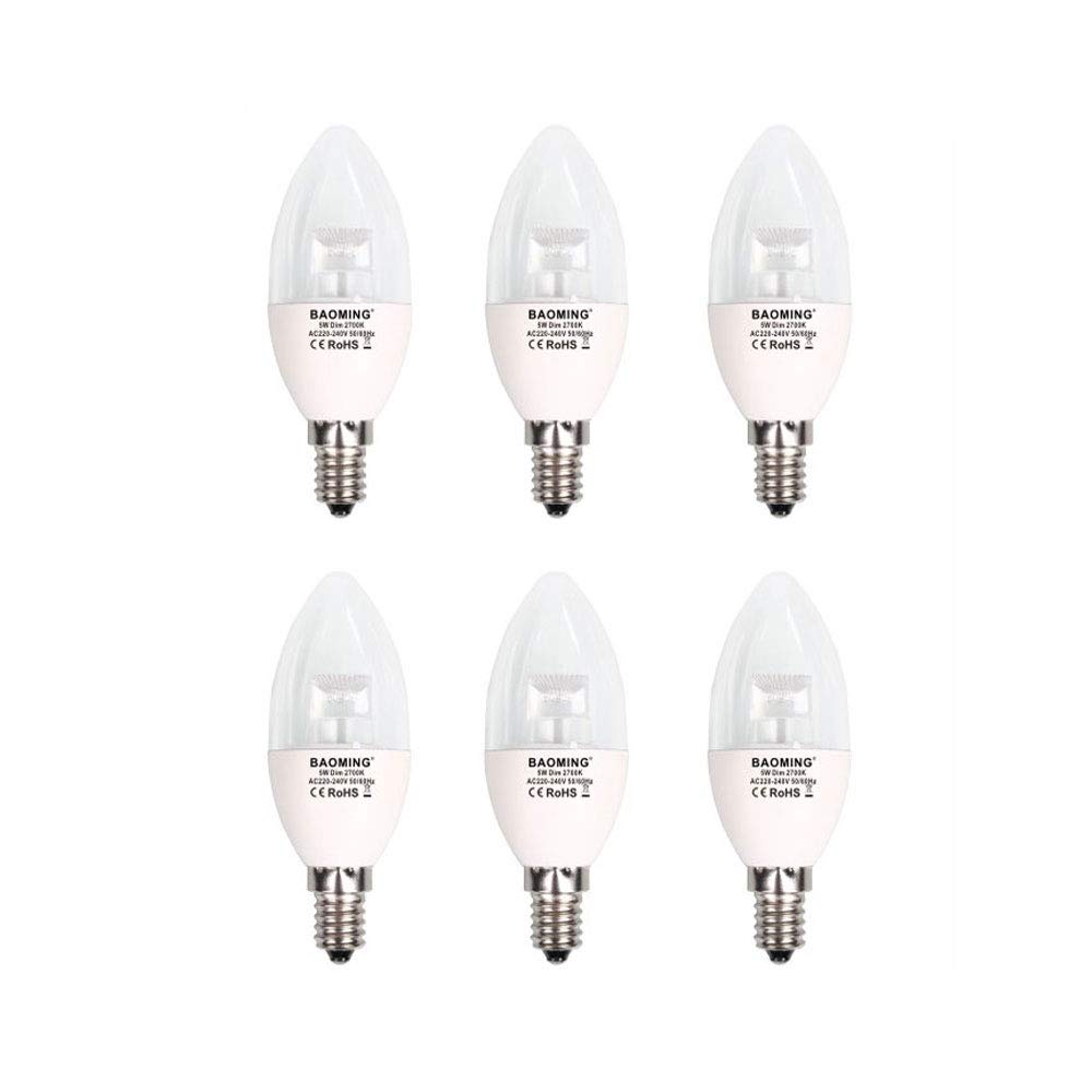 BAOMING Dimmable E14 LED Candle Bulb 5W (40W Equal), 2700 Kelvin Warm White SES C37 Small Screw Light Bulb, Clear, 220-240 Volt, Pack of 6