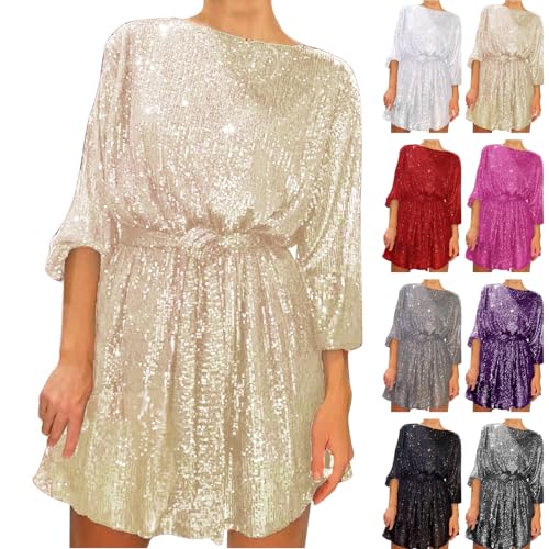 Sequin Party Dresses for Women UK Elegant Mini Evening Dresses Plus Size Long Sleeve Crew Neck Cocktail Party Wear Midi Wedding Guest Occasion Dress