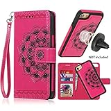 iPhone 8 Case,iPhone 7 Wallet Cases with Detachable Slim Case Fit Magnetic Car Mount, Card Solts Holder, CASEOWL Embossed Mandala Pattern Flower Floral Vegan Leather Flip Wallet Case [Hot Pink]
