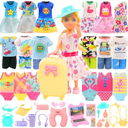 ENOCHT 30 Pcs Travel Clothes & Accessories Set for 6-inch Dolls - Suitcase, 3 Dresses, 3 Outfits, 3 Swimsuits, 19 Accessories - Multiple Colors, Variety Pack - Travel Theme