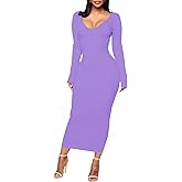 BestGirl Women's Sexy Ribbed Sweater Dresses Bodycon V Neck Off Shoulder Long Sleeve Lightweight Knit Midi Dress