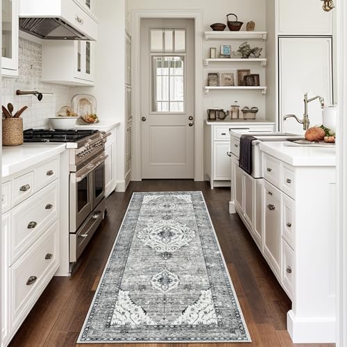 Deerly 2x7 Runner Rug - Boho Washable Kitchen & Hallway Runner - Non-Shedding, Long for Bathroom - Grey/Navy