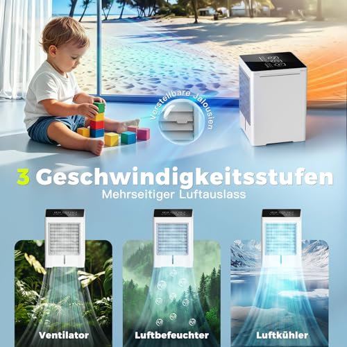 3 in 1 Mobile Air Conditioner, USB Small Silent Air Cooler with Water 470ml, 3 Speed, Timer, Touch Screen, No Drain, Portable Mini Fan for Bedroom, Office, Home