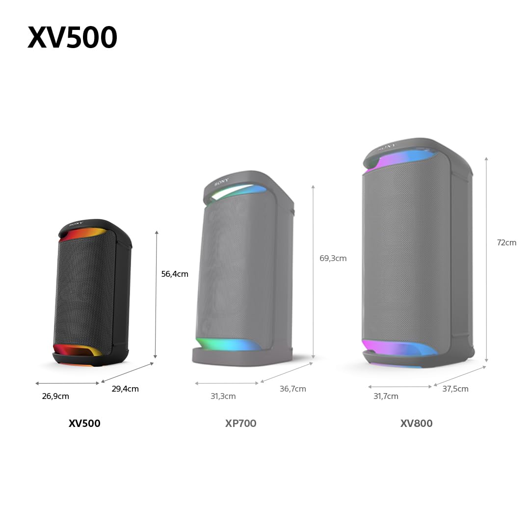 Sony SRS-XV500 - Kabelloser Bluetooth-Partylautsprecher mit kraftvollem Sound und MEGA BASS - 25 Stunden Akkulaufzeit, tragbar, LED-Beleuchtung, Party Connect, IPX4, Karaoke-Mikrofoneingänge - Schwarz 6