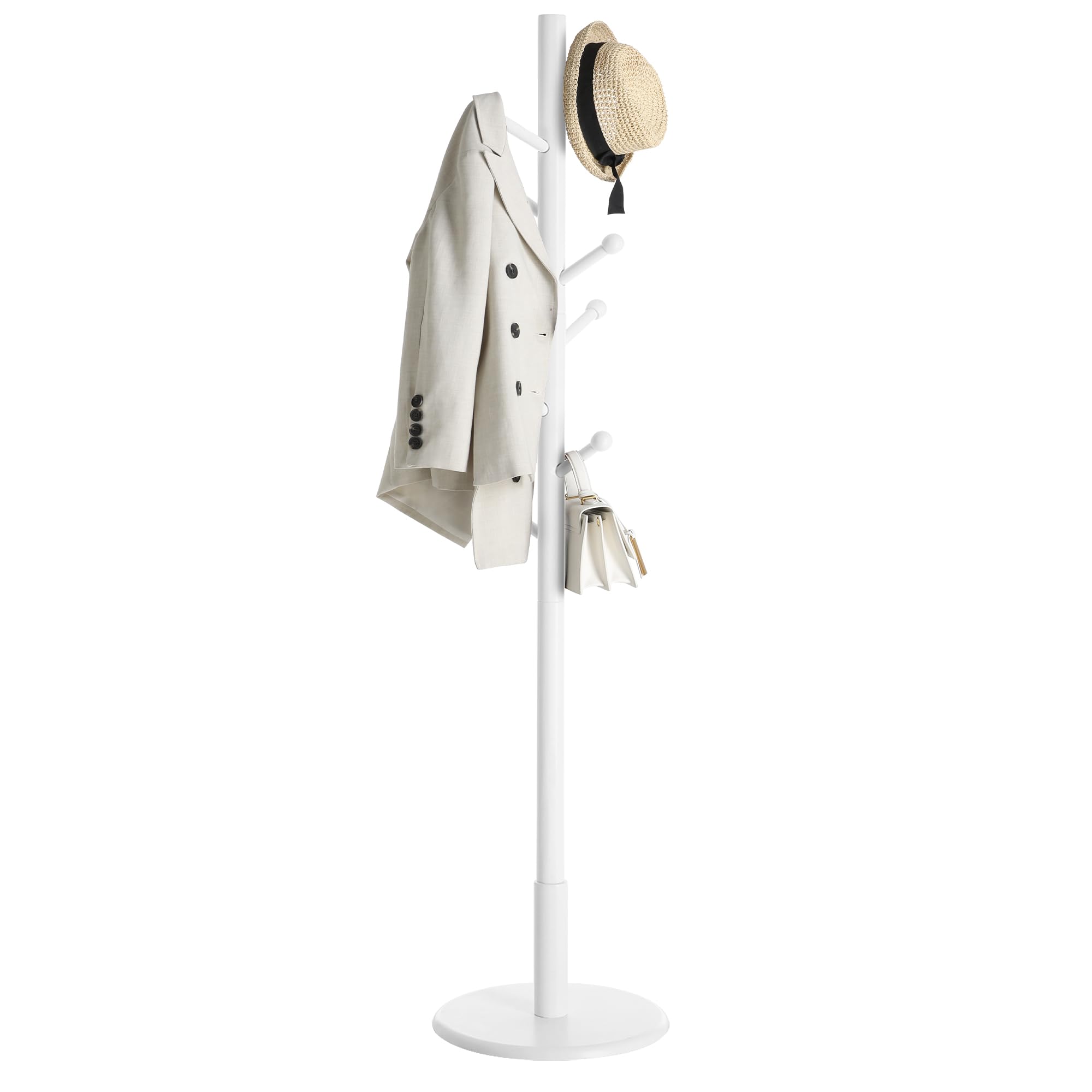 VASAGLE Coat Rack Free Standing Coat Tree with 7 Rounded Hooks, Wood Hall Tree, Entryway Coat Stand for Clothes, Hats, Purses, in the Entryway, Living Room, White RCR07WT