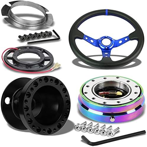 350MM 3" Blue Tri-Spoke/Blue Stripe Steering Wheel+Black 6-Hole Hub Adapter+Neo Chrome Quick Release For 92-95 Integra DC2/Civic EG EH EJ