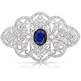 Blue CZ Wedding Brooch Pin for Women Girls Brides Silver-Toned Dainty Mazarine Birthstone Vintage Filigree Geometric Flower Brooches Lapel Pins Hat Tie Bridal Corsage Dress Accessories Birthday Prom Party Jewelry Gift