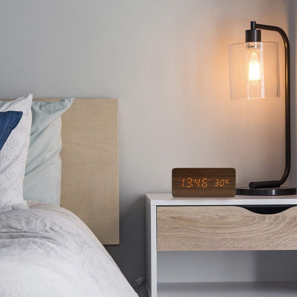 Digital Alarm Clock, LED Clocks with Display Temperature, 3 Alarm Settings, 3 Adjustable Brightness, Sound Control, Wood Alarm Clocks for Bedrooms, Brown