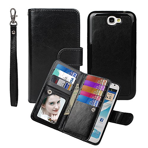 xhorizon(TM)XH8[Upgraded]2 in 1 Note 2 Premium Leather [Wallet Function][Magnetic Detachable][Magnetic Car Mount Compatible] Folio Cover Case For Samsung Galaxy Note 2 N7100 -Black