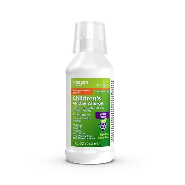 AMAZON BASIC CARE 24 HOUR ALLERGY RELIEF FOR CHILDREN, CETIRIZINE HYDROCHLORIDE ORAL SOLUTION 1 MG/ML, GRAPE FLAVOR, DYE FREE, 8 FL OZ (PACK OF 1)