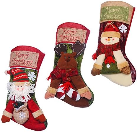 TIOVERY Christmas Stockings Sock Plaid Santa Claus Snowman Candy Gift Bag Christmas Supply Lovely Tree Hanging Ornament Decor (3 Pack)