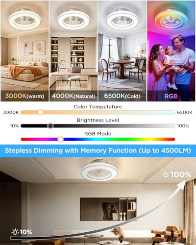 GLOFAN Ceiling Fan with Light and Remote Control Ø42 cm, 3000K-4000K-6500K+RGB Ceiling Fan Silent Bedroom, 6 Speed, Timer, Memory Light, Reversible Fan